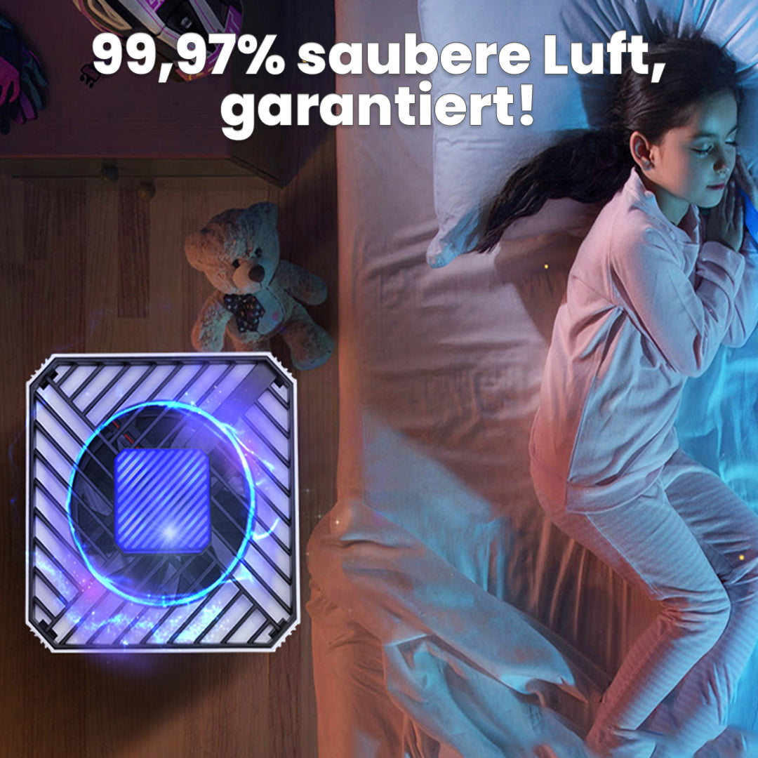 Kind das selig schläft, weil durch Nutzung des Luftreinigers und dadurch frische Luft herrscht.